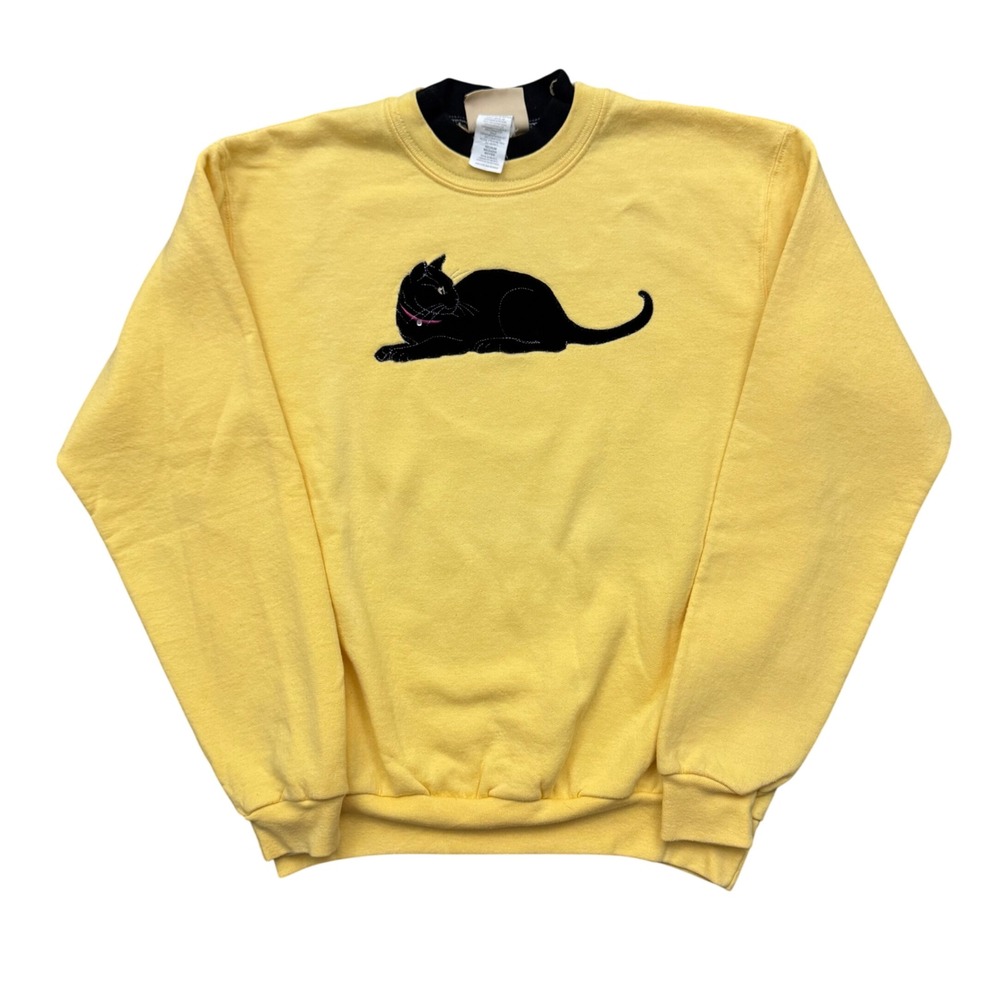 Vintage Top Stitch Morning Sun Cat Double Collar Grandma Sweatshirt Yellow M